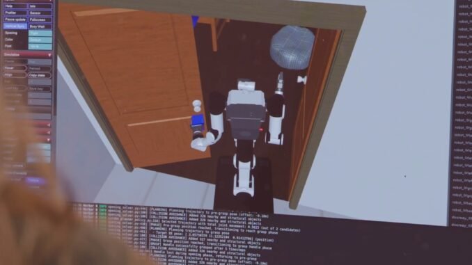 Software screenshot as virtual simulation data is driving the development of physical AI across corporate environments, led by initiatives like Ai2’s MolmoBot.