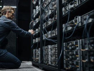 Engineer adjusting Bitcoin mining servers in a data center amid network power struggle over anti-spam proposal and disputed node support