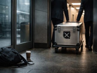 Two executives moving a secured XRP-branded case down a hallway, symbolizing a 78% collapse in XRP leverage while $1.4 billion in ETF inflows remains tied to Ripple’s expanding footprint