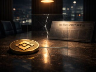 Binance coin on a boardroom table beside a cracked glass panel and a newspaper, symbolizing legal pressure and shifting media scrutiny surrounding the latest lawsuit against Binance