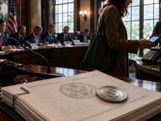 Congressional hearing room with U.S. documents and a dollar coin in the foreground as a woman pays by phone, symbolizing stablecoins becoming easier to use while Bitcoin still awaits regulatory clarity
