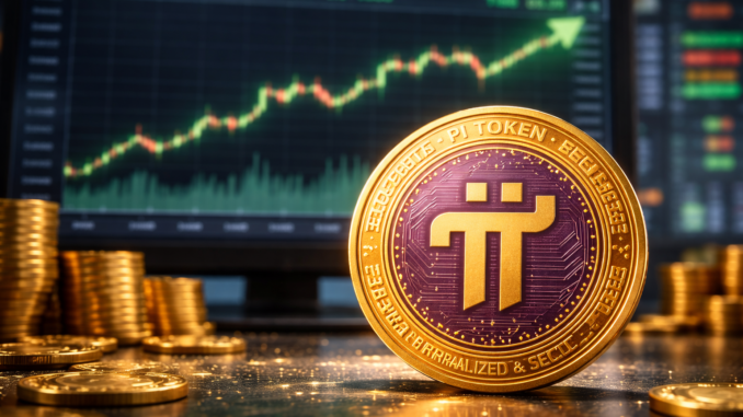 A bullish PI coin in front of a monitor