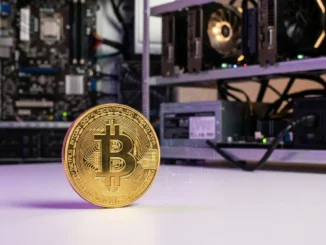 Bitcoin coin with mining hardware in studio lighting with purple gradient accents