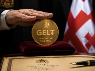 GEL₮ Georgian lari stablecoin displayed with official ceremony setting and Georgian flag symbolizing Tether-backed national payment rail expansion in Georgia